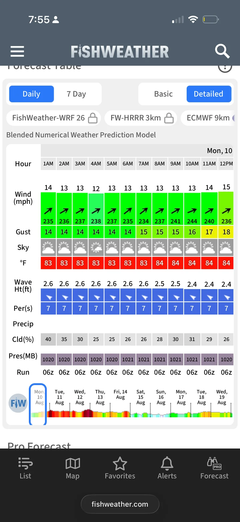 Fish Weather's detailed hourly forecast table with wind, gust, wave height, swell period, and locked premium model tabs across the top