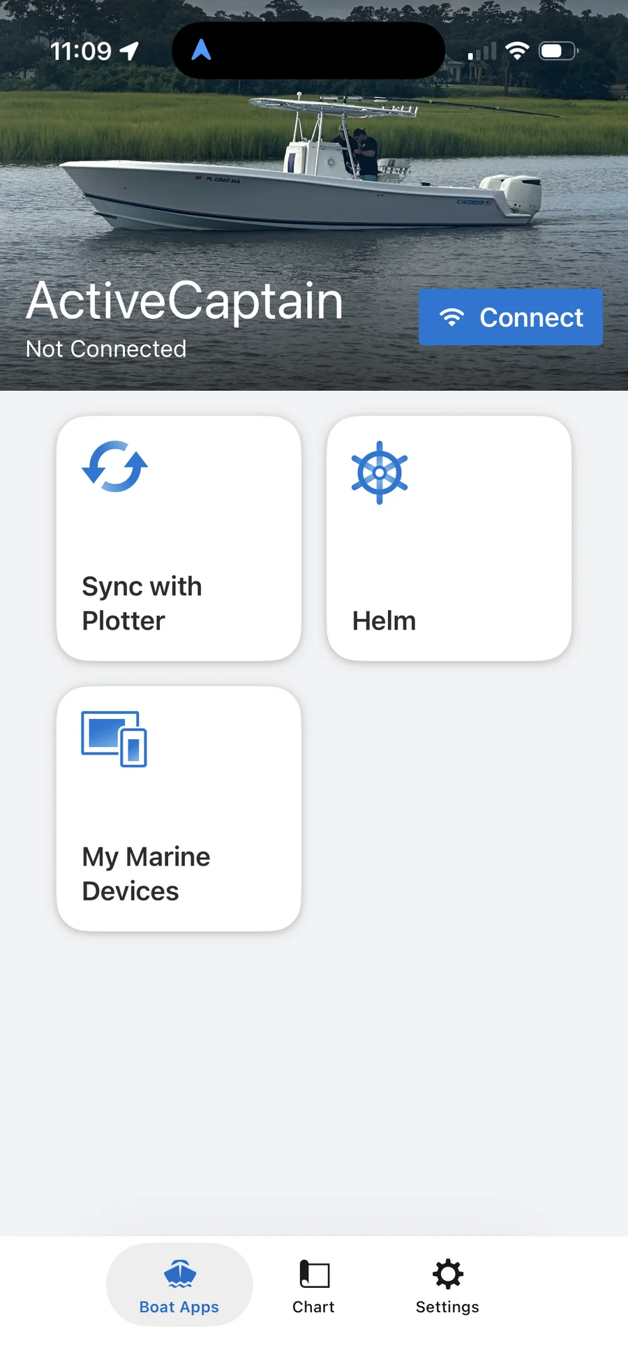 The ActiveCaptain app's Boat Apps home screen, not yet connected to the plotter's Wi-Fi