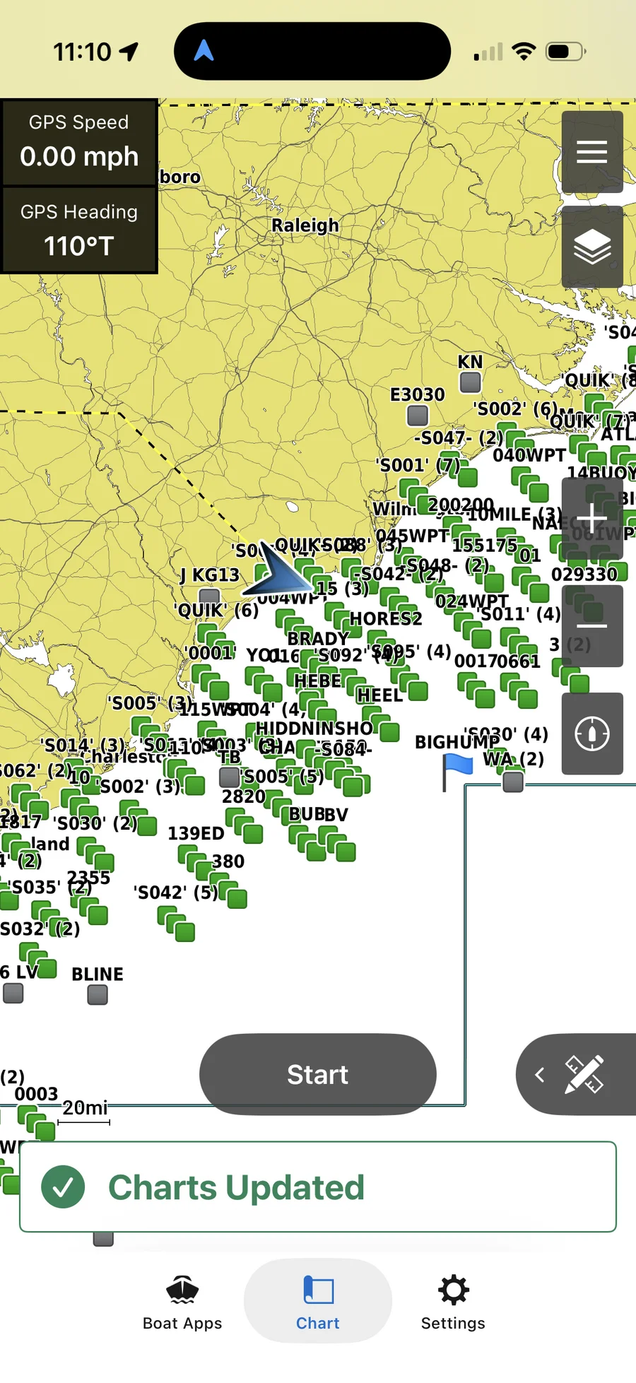 A chart view showing dense clusters of green community-content markers along the North Carolina coast
