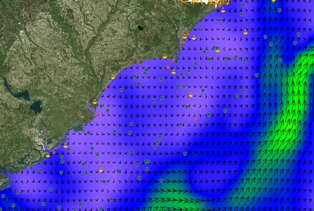A RipCharts current chart showing the Gulf Stream's current edge off the Carolinas, with direction arrows and speed shading