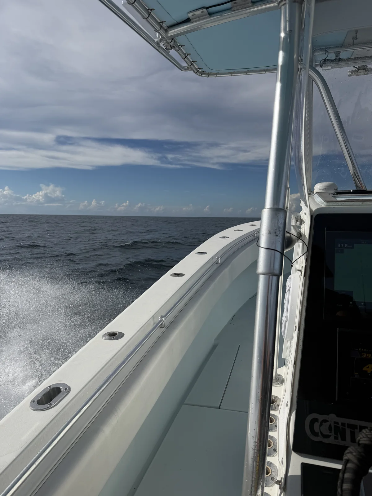 Running offshore toward the Winyah Scarp, open water and building clouds ahead