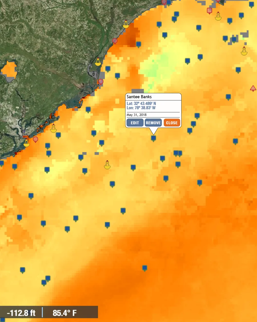 An SST chart off the South Carolina coast showing a temperature break near Santee Banks, with saved spots marked