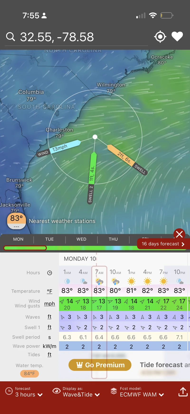 Windy's wind and swell rose diagram off the Winyah Bay area, showing 13mph wind, a 2ft/6s primary swell, and a separate 1ft/4s secondary swell