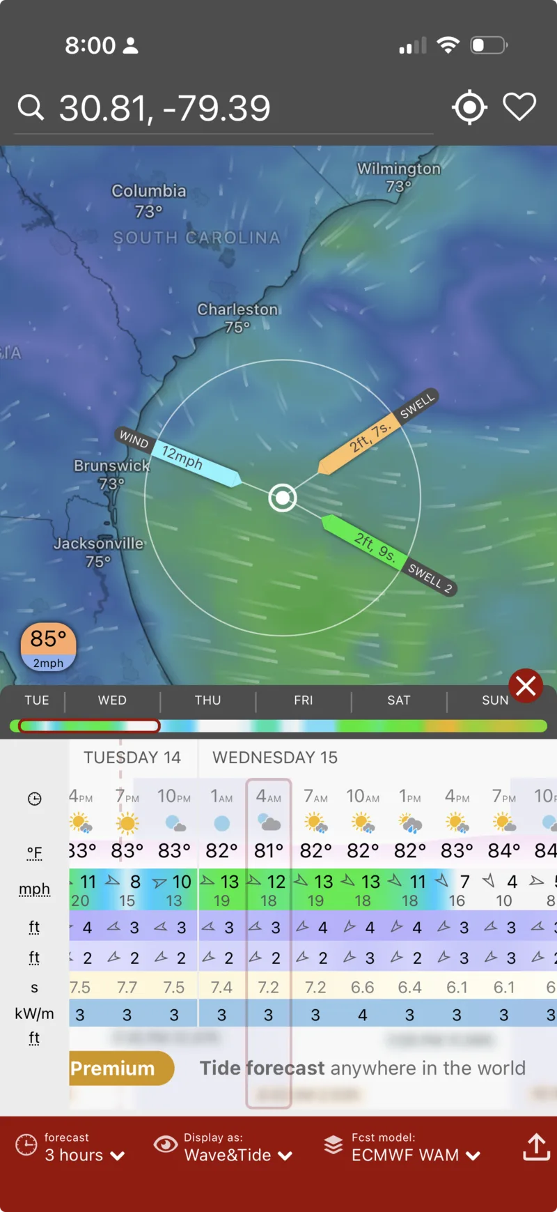 My saved spots and the wind/swell layers in Windy